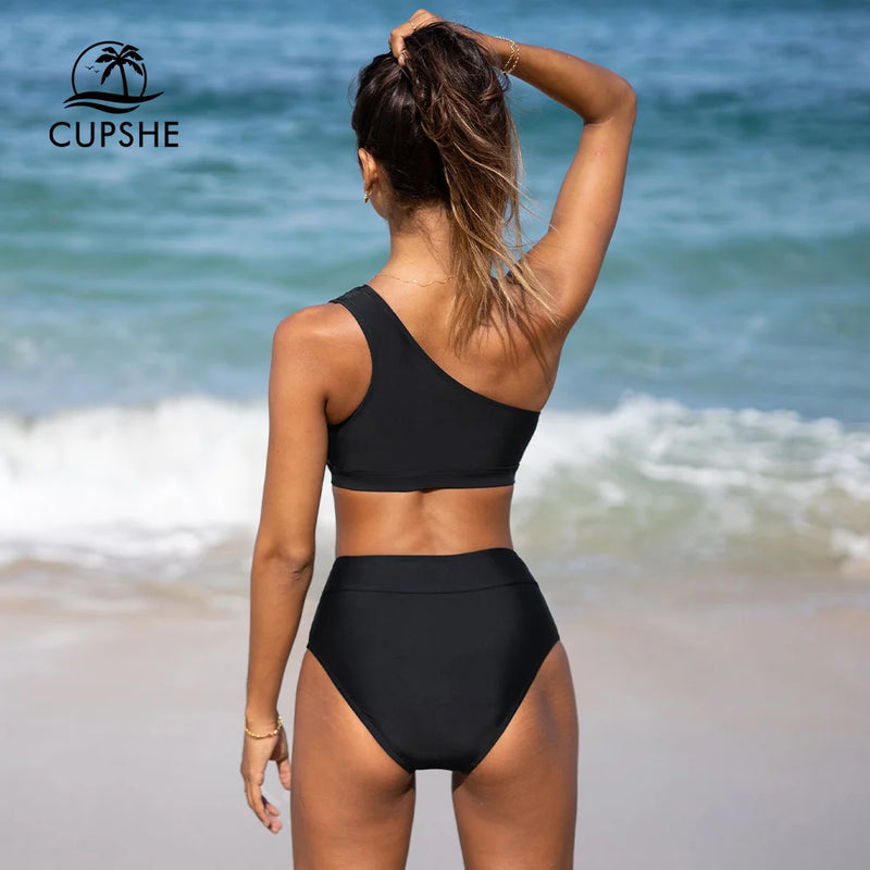 Cupshe-preto conjunto de biquíni malha para as mulheres, cintura alta