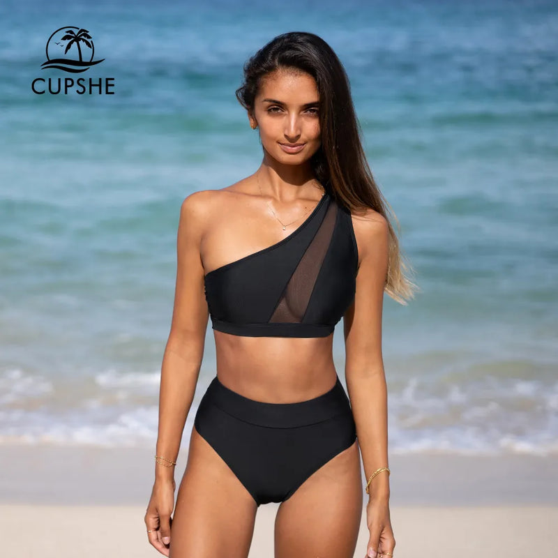 Cupshe-preto conjunto de biquíni malha para as mulheres, cintura alta