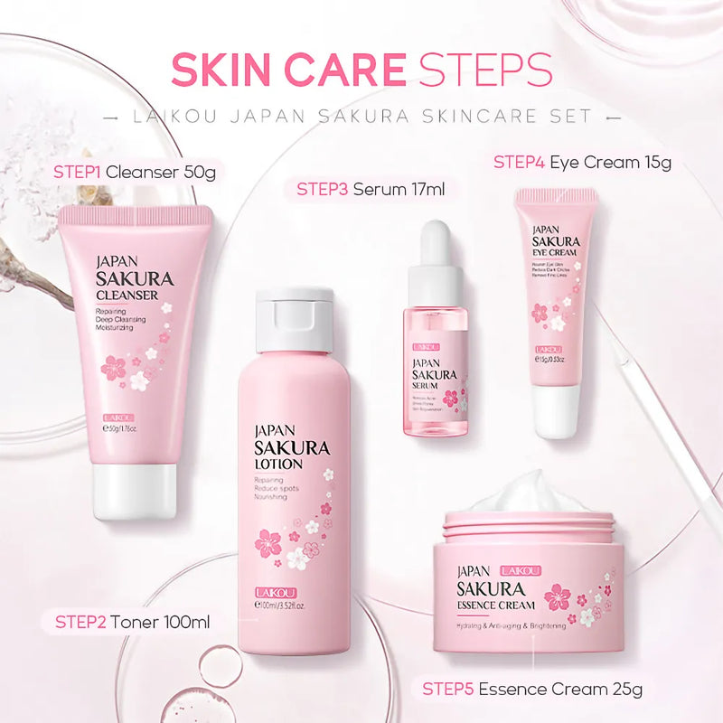 Caixa de de 5 peças, Sakura flor de cerejeira cuidados com a pele conjunto colágeno creme para os olhos soro limpador facial toner