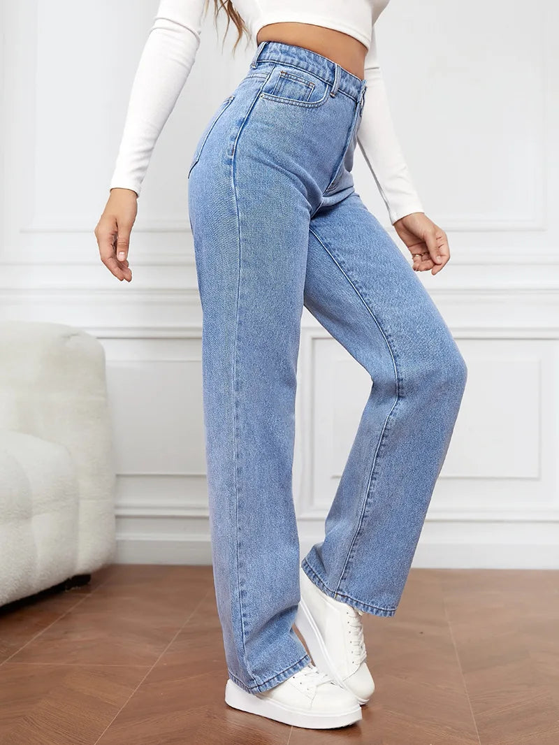 Calças jeans lavadas com elásticos femininas