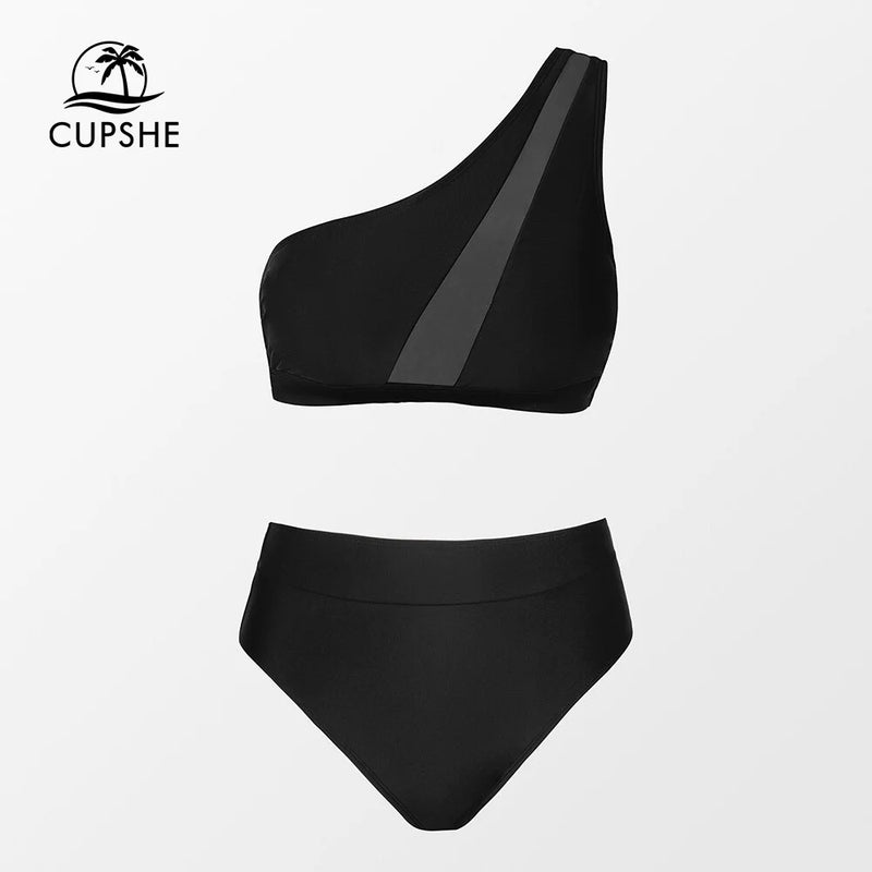 Cupshe-preto conjunto de biquíni malha para as mulheres, cintura alta