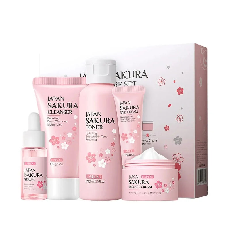 Caixa de de 5 peças, Sakura flor de cerejeira cuidados com a pele conjunto colágeno creme para os olhos soro limpador facial toner