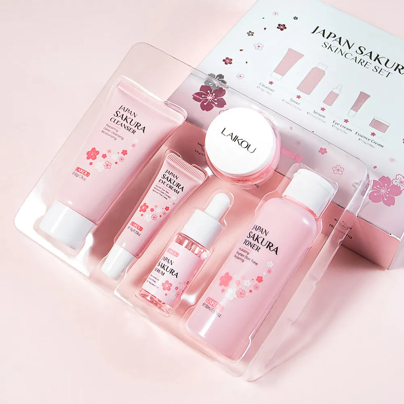 Caixa de de 5 peças, Sakura flor de cerejeira cuidados com a pele conjunto colágeno creme para os olhos soro limpador facial toner