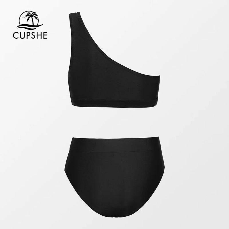 Cupshe-preto conjunto de biquíni malha para as mulheres, cintura alta